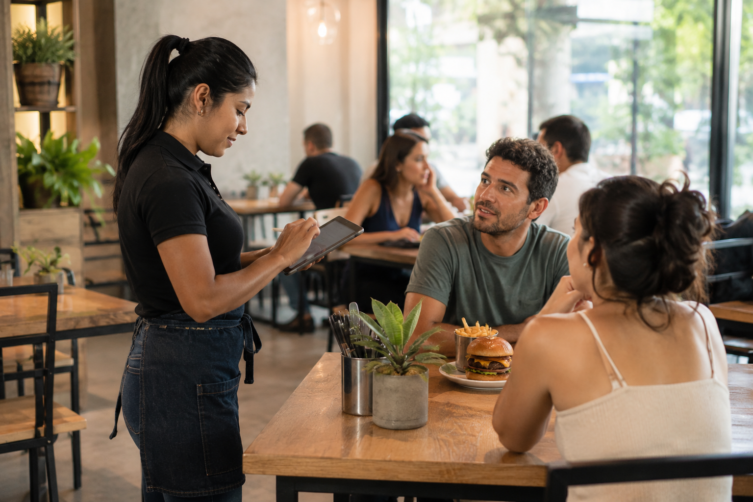 Mesera tomando el pedido en la mesa con Novafood en una tablet